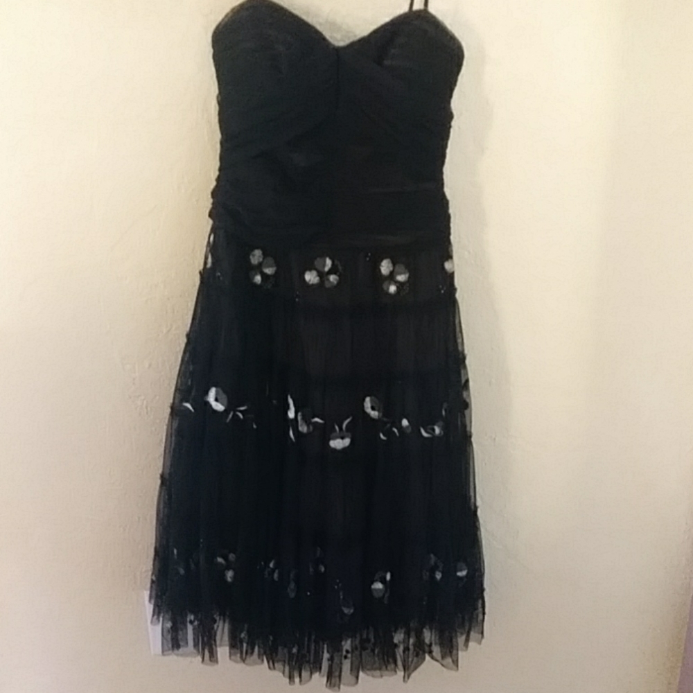 BCBG Strapless Embroidered Ruched Mesh Evening Cocktail Dress, Prom